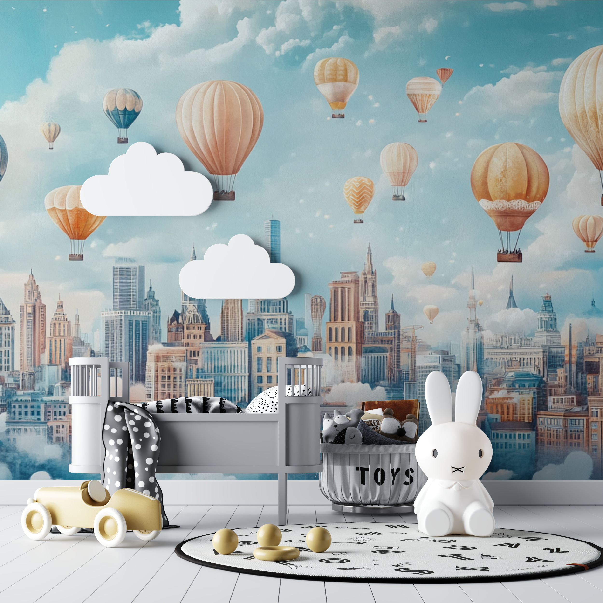 Papier peint montgolfiere et pa...urbains stylises bebe tipi