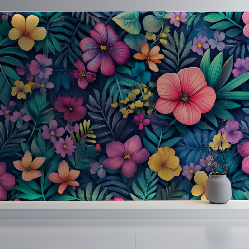 Papier peint fleur de jungle mur blanc
