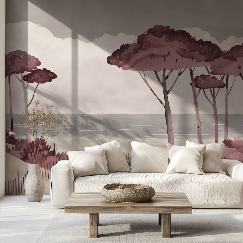 Papier peint panoramique paysage rose canape tendance