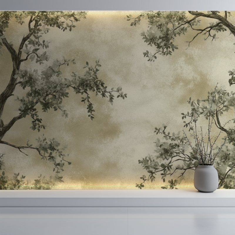 Papier peint arbre vintage mur blanc