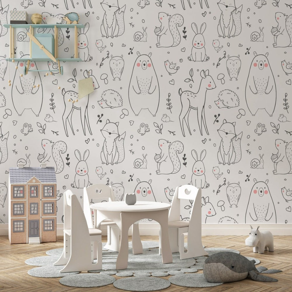 Papier Peint Animaux <br/> Fond Blanc Motif Noir - Second Image