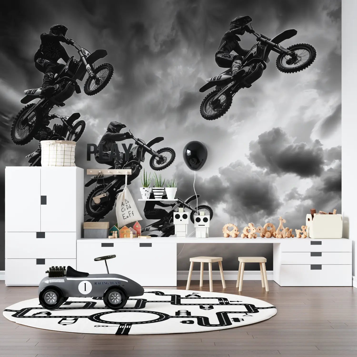 Papier Peint Ado Course De Motos Noir Blanc - tapisseries murale