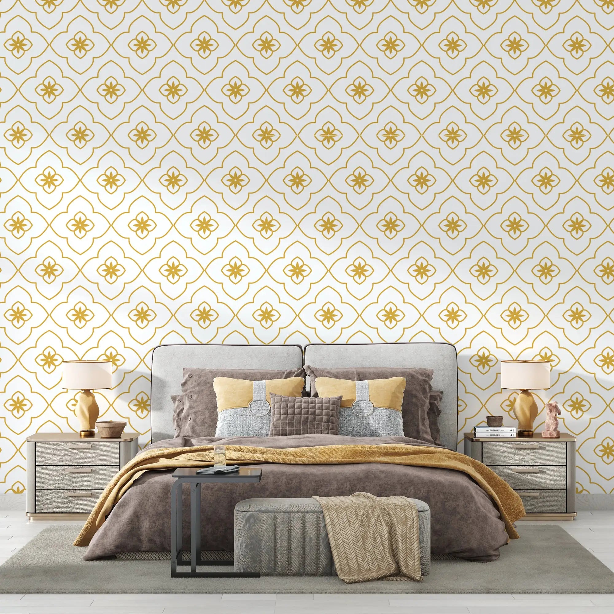 White and Gold Art Deco Wallpaper