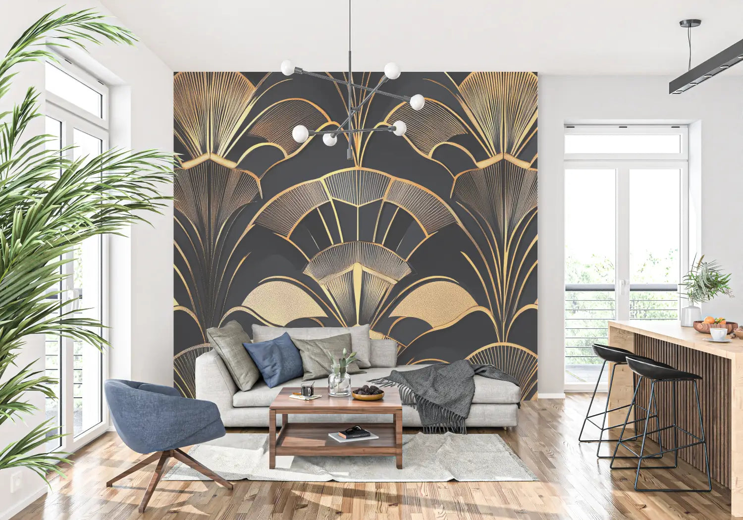 Art Deco zwart goud bloemblaadjesbehang - Second Image