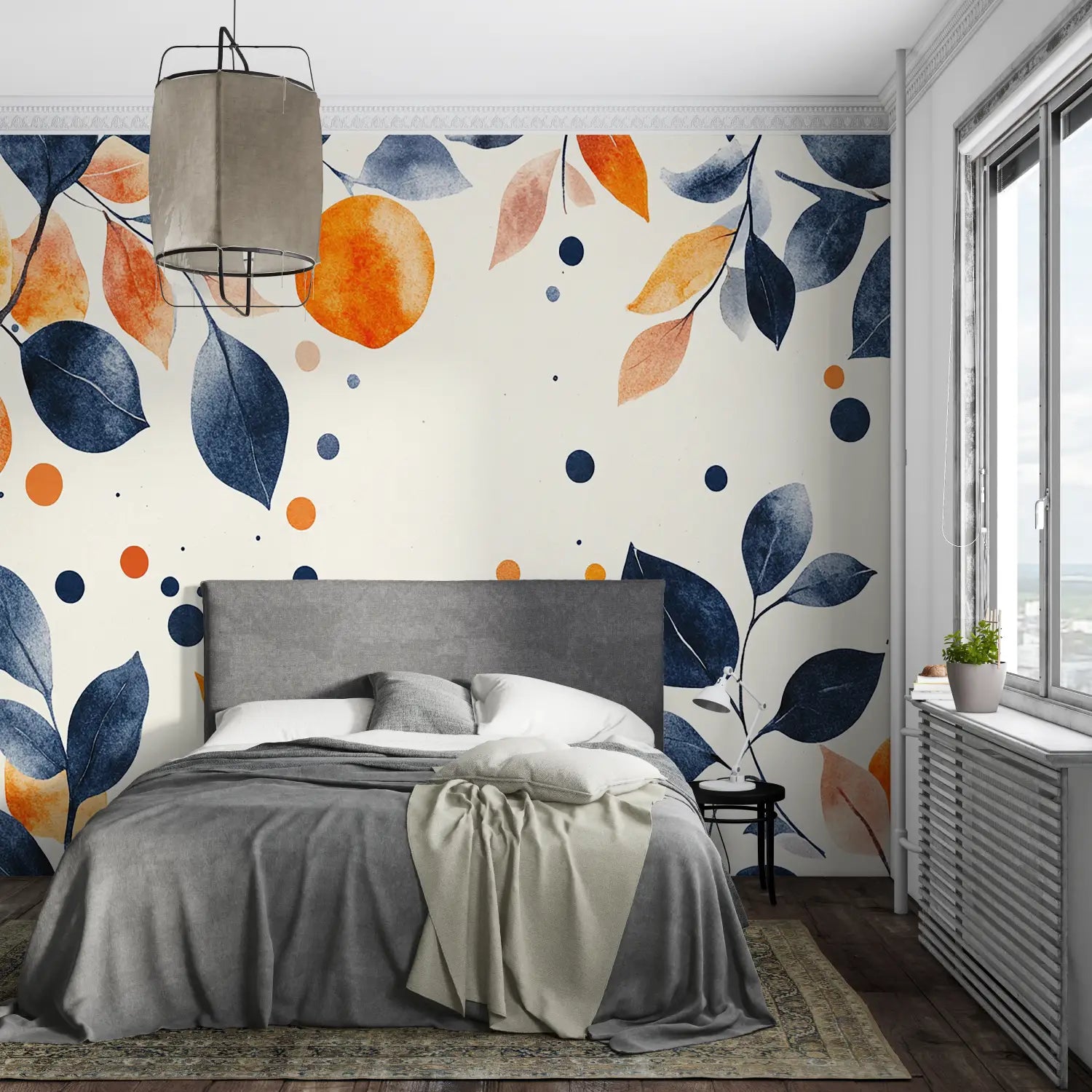 Blue Flowers And Orange Wallpaper - Second Image