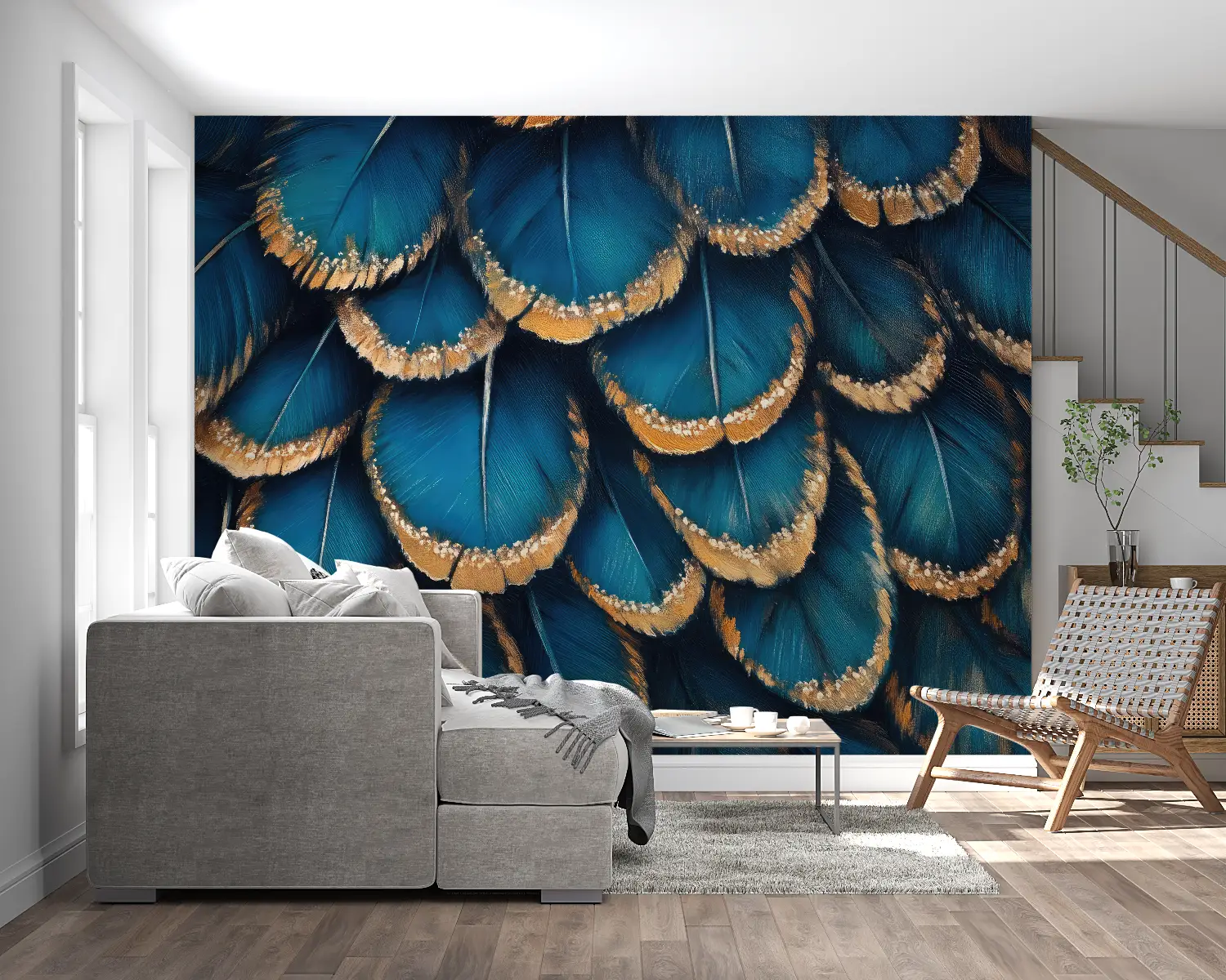 Papier Peint Bleu Paon Plumes - chambre adulte