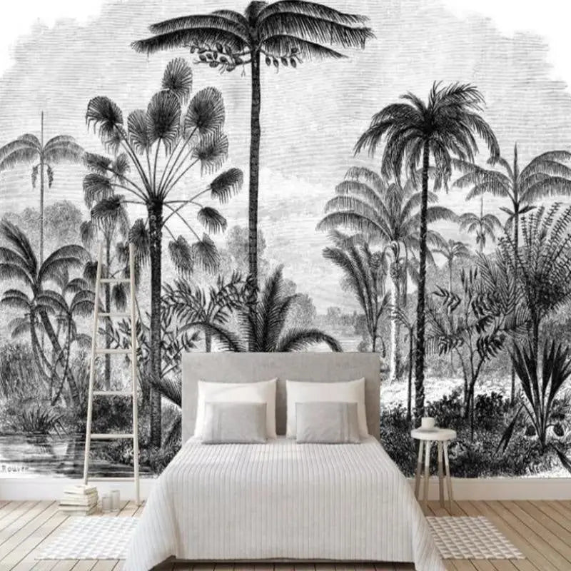 Papier Peint Décor Tropical Noir et Blanc