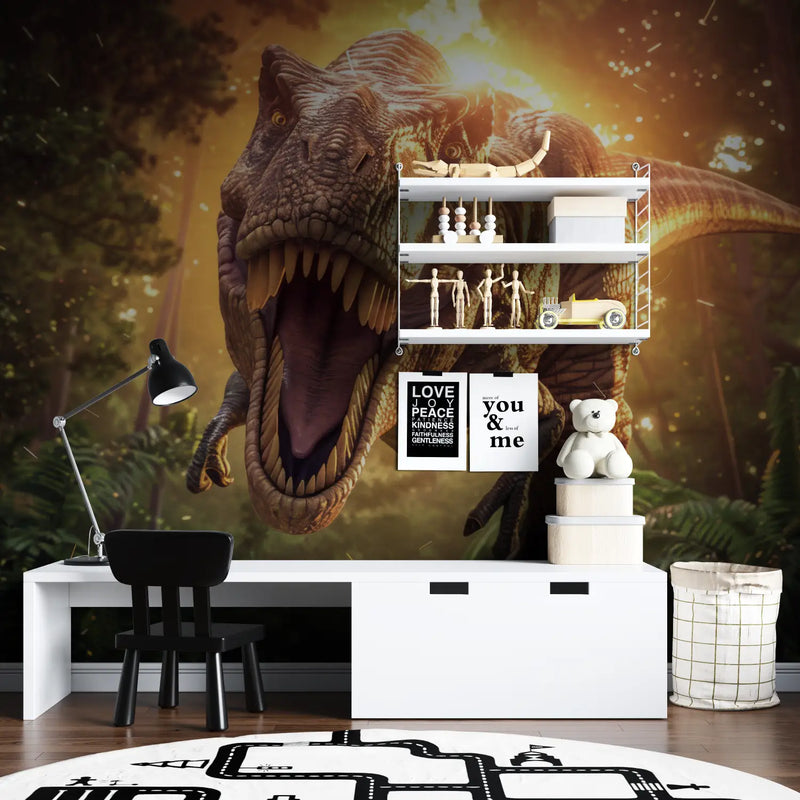 Papier Peint Dinosaure Trompe L'oeil - chambre garçon lit