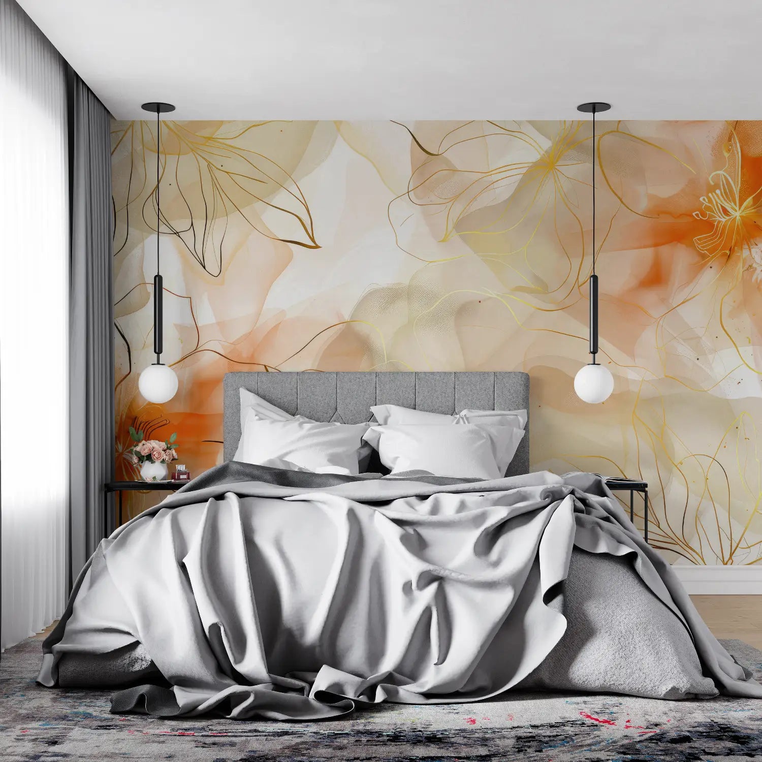 Papier Peint Fleurs Ton Orange - tendance mur