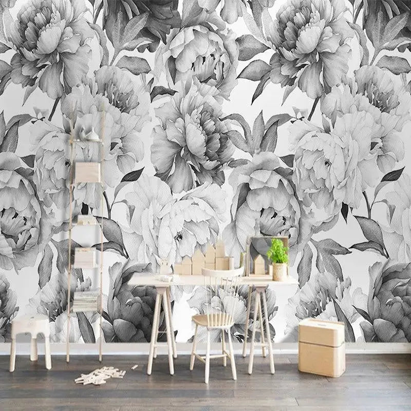 Papier Peint Floral Noir et Blanc