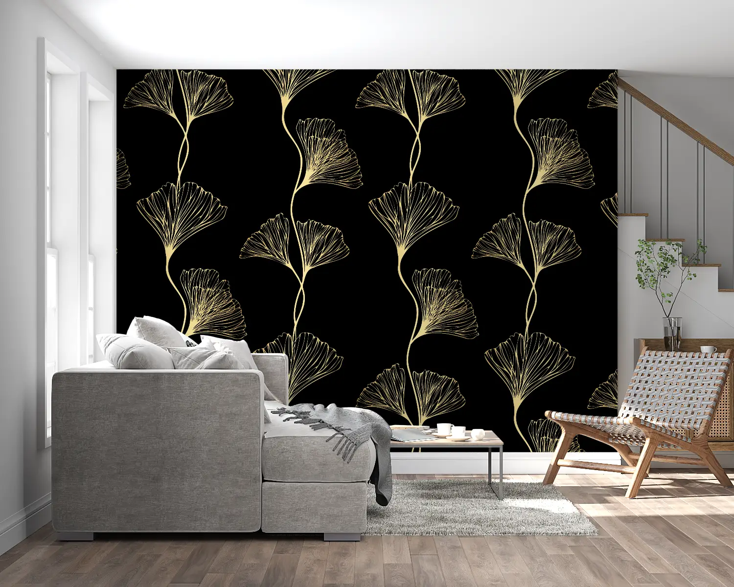 Gouden Ginkgo patroon behang - Second Image