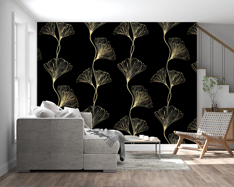 Papier Peint Ginkgo Doré Motif - chambre adulte