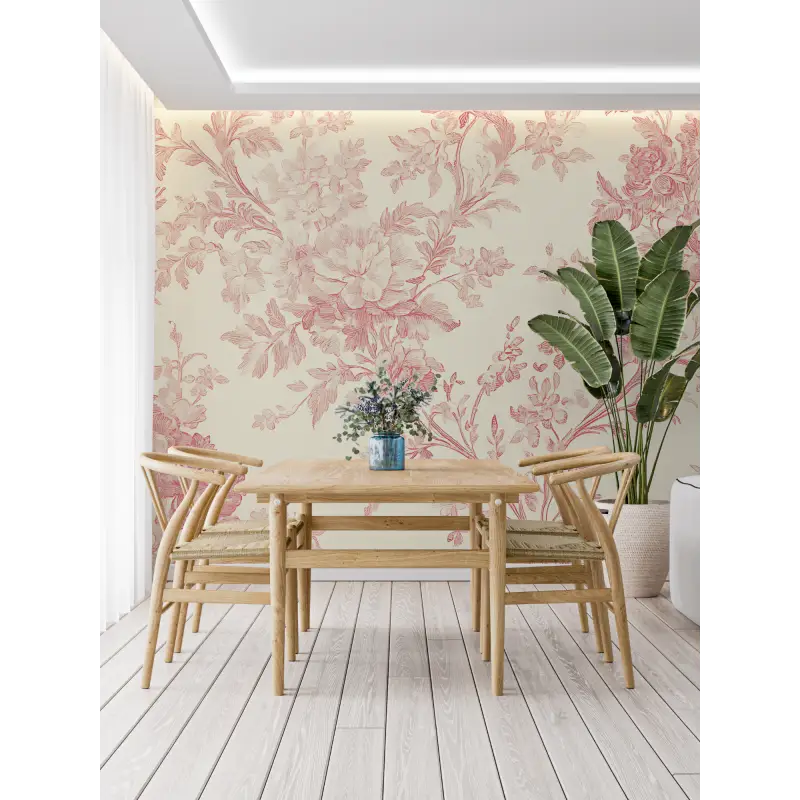 Papier Peint Imitation Toile De Jouy Rose - tapisserie