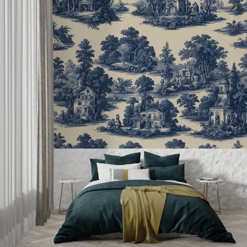 Papier Peint Jouy Motif Bleu - panoramique tendance