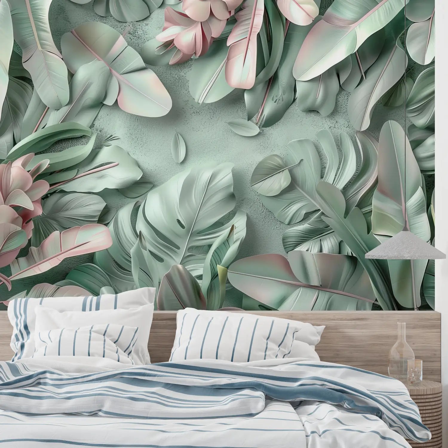 Papier Peint Jungle Vert Et Rose Design - mural