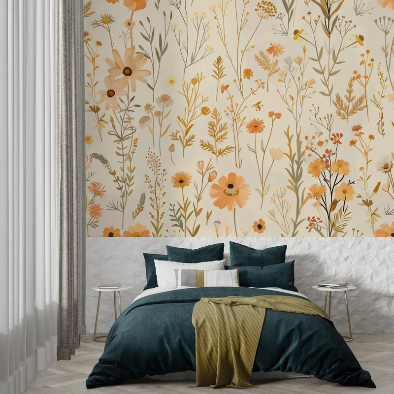 Papier Peint Orange Motif Fleuri - panoramique tendance