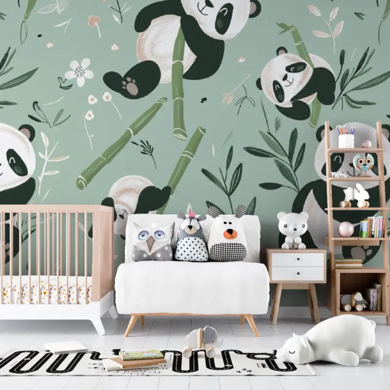 Papier peint Pandas vert bébé - bebe