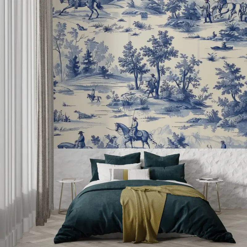 Papier Peint Toile De Jouy Dessin Bleu - trompe l'oeil