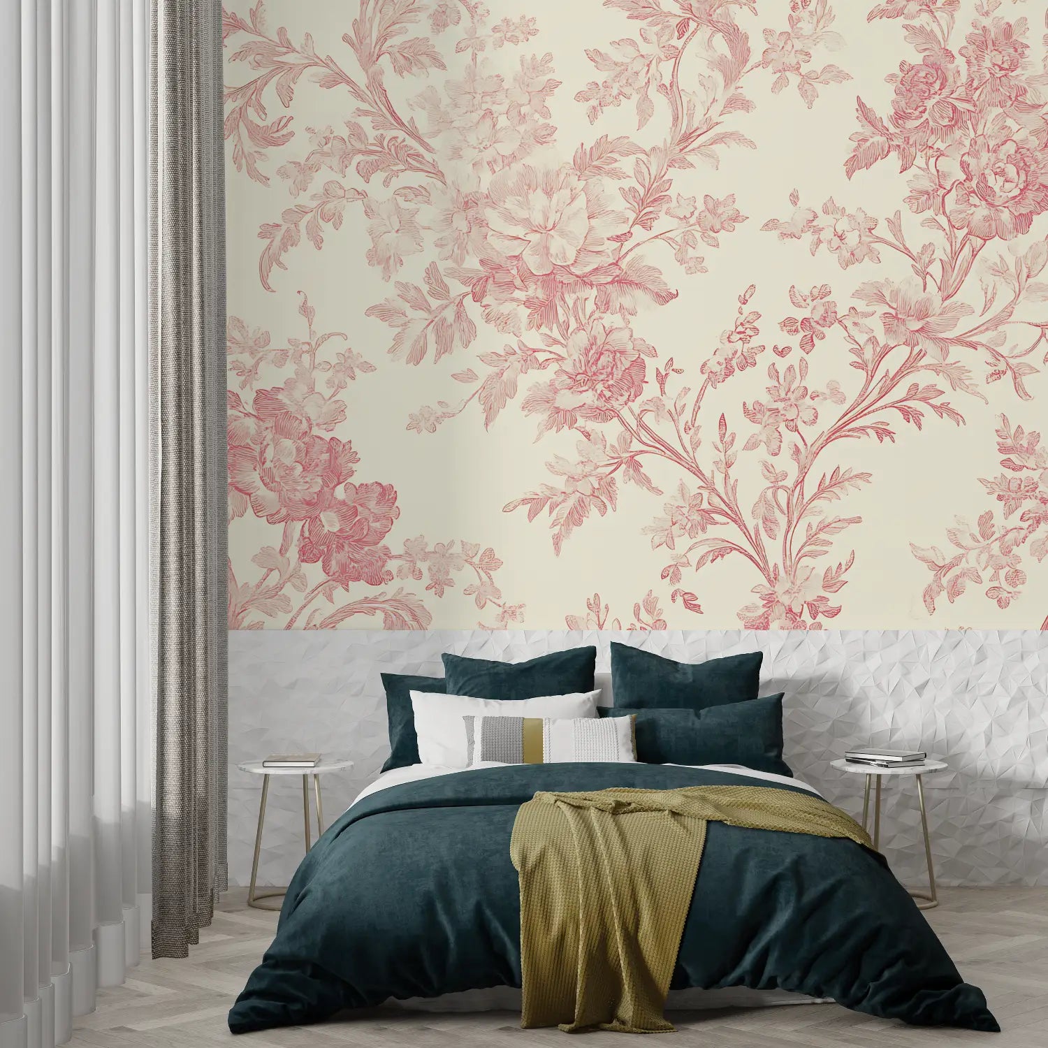 Papier Peint Toile De Jouy Fleurs Rouge - trompe l'oeil