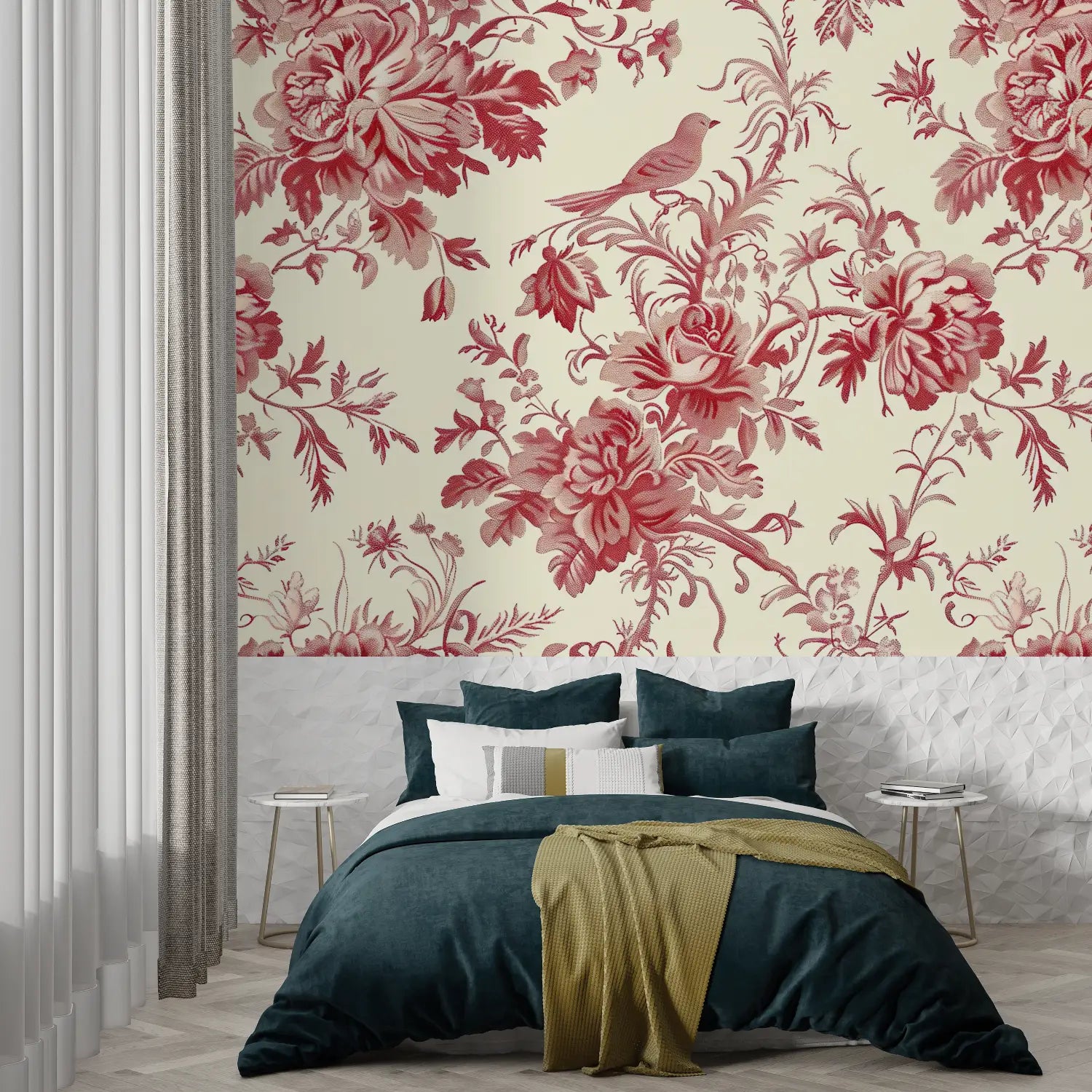 Papier Peint Toile De Jouy Rouge Oiseau - panoramique tendance