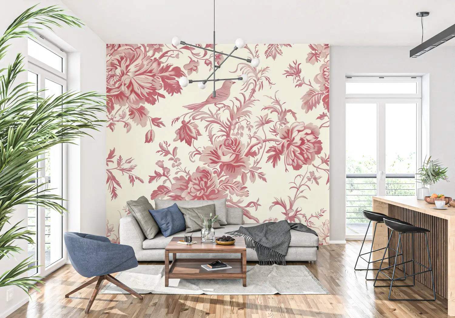 Red Bird Toile De Jouy Wallpaper - Second Image