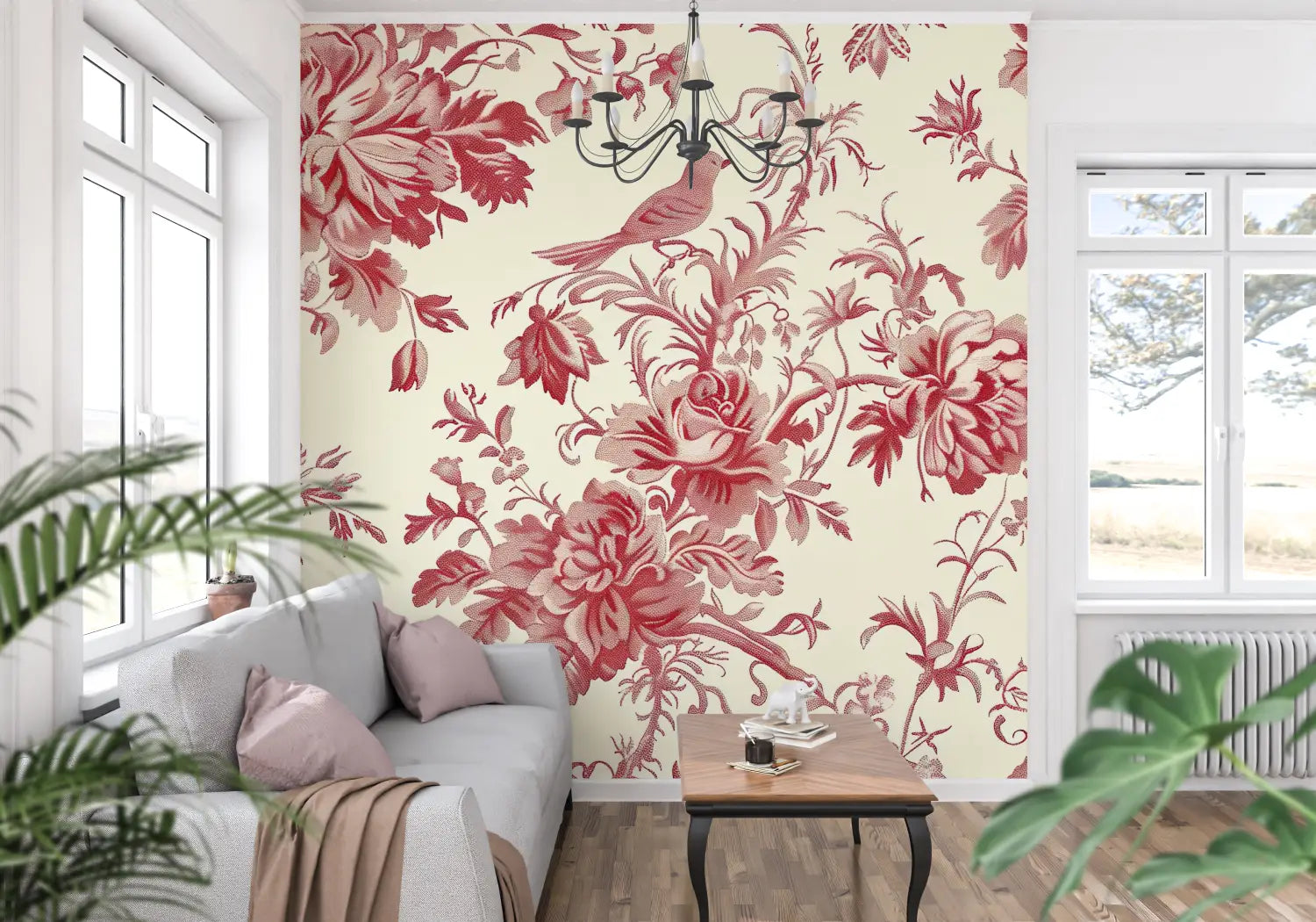 Red Bird Toile De Jouy Wallpaper - Second Image