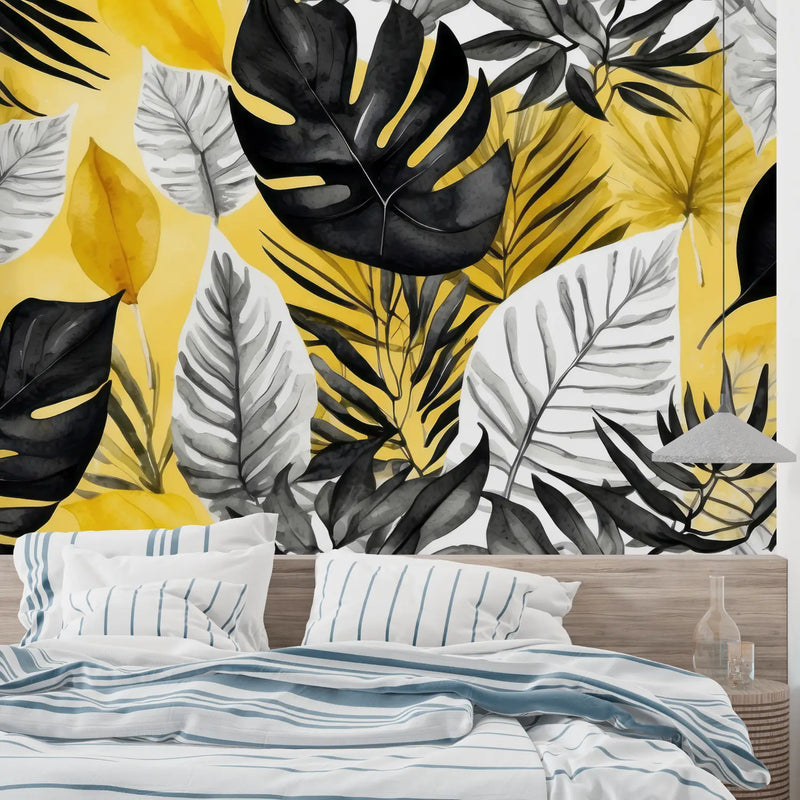 Papier Peint Tropical Gris Jaune - mural